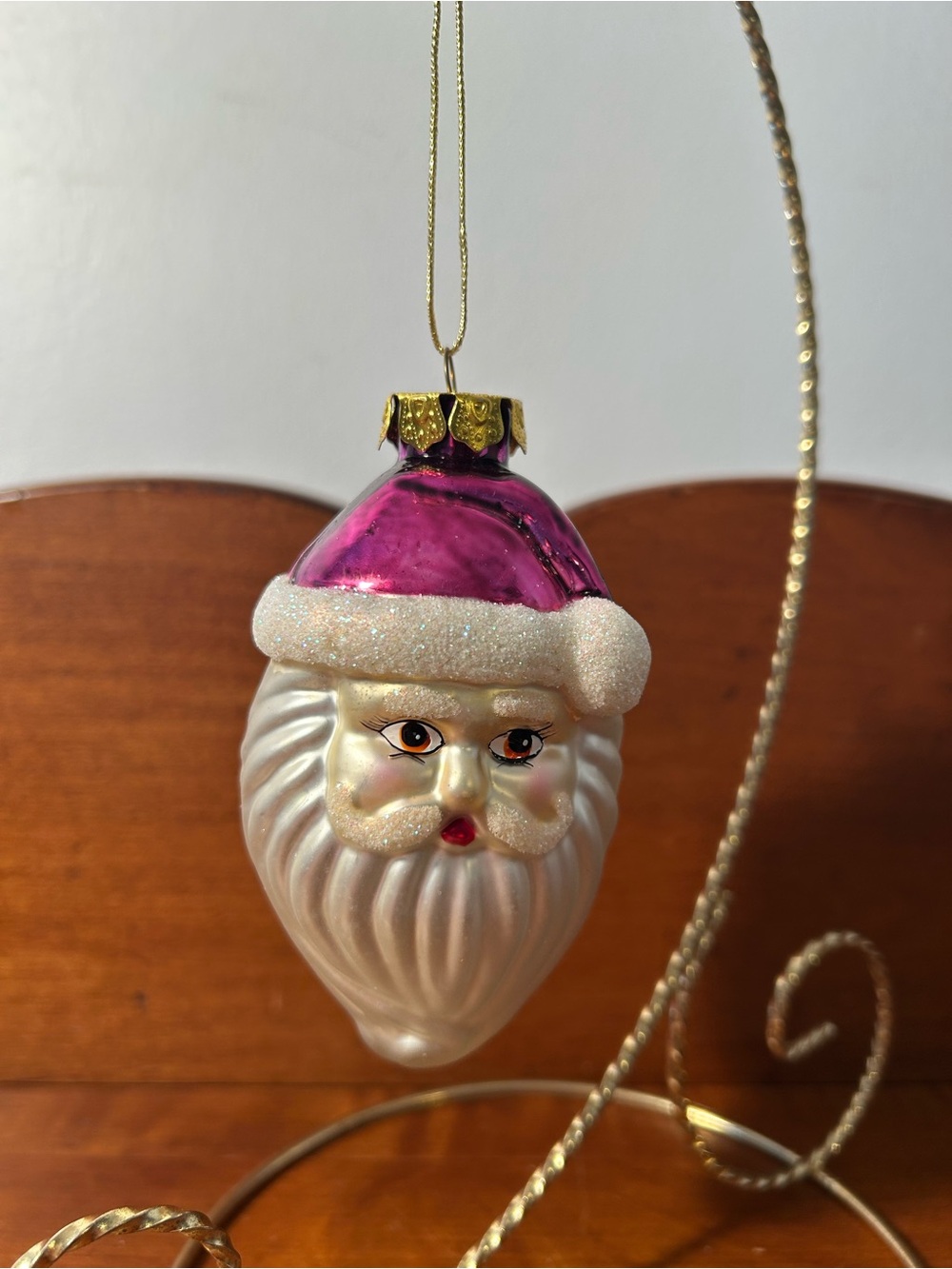 Holiday Santa Head Ornament in Pink and Pearl